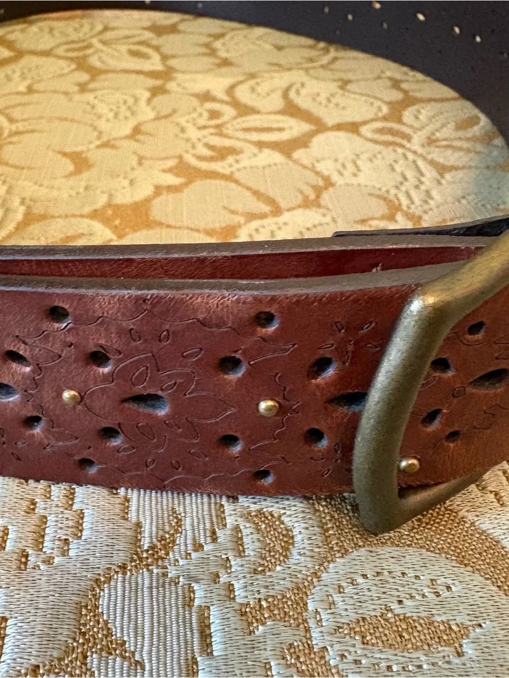 Women's Brown Leather Brass Studs Perforated Belt with Brass-Tone Buckle